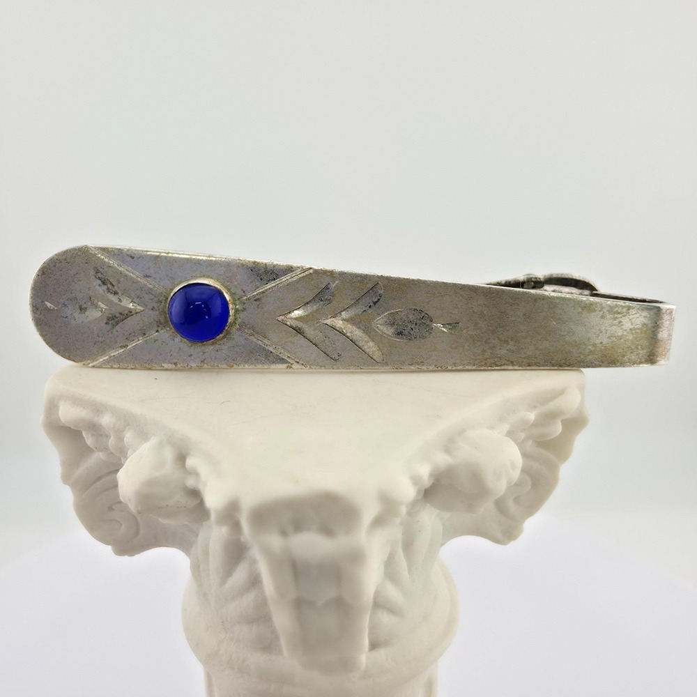 80 Yr Old ANSON Tie Bar Clip Clasp 925 Sterling Silver Blue Crystal Diamond Cut